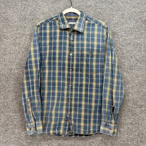 32 Bar Blues Button Down Shirt Men Medium Blue Yellow Plaid Long Sleeve Pocket